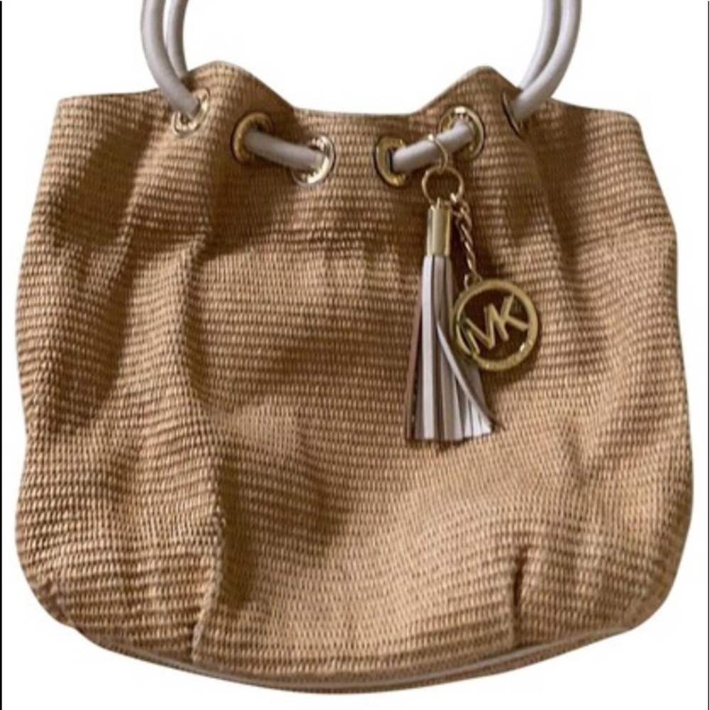 Michael Kors Straw bag with off white leather and gold MK logo and tassel
